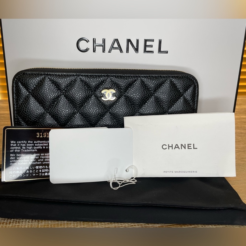Authentic Chanel Black Caviar Quilted Long Zip Wallet with Gold Hardware